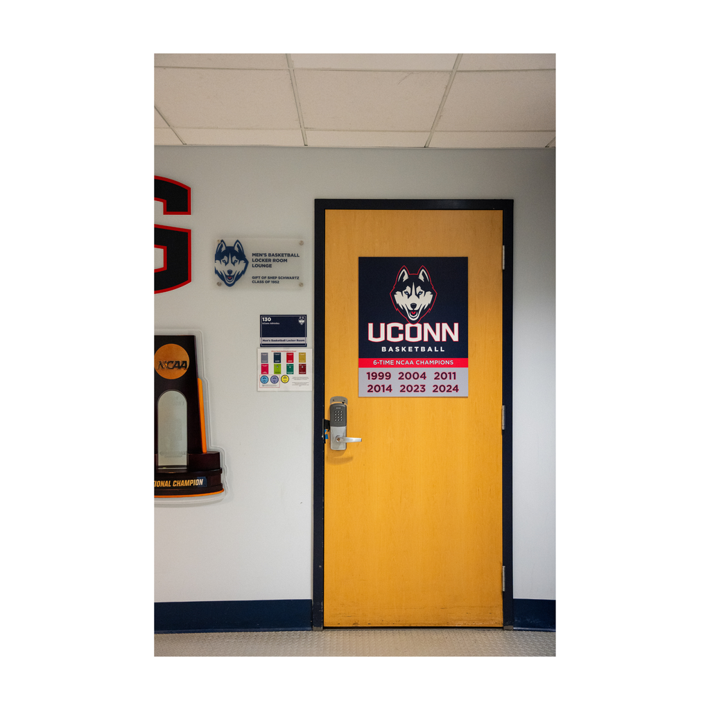 UConn Men’s Locker Room Door with National Champions Sign